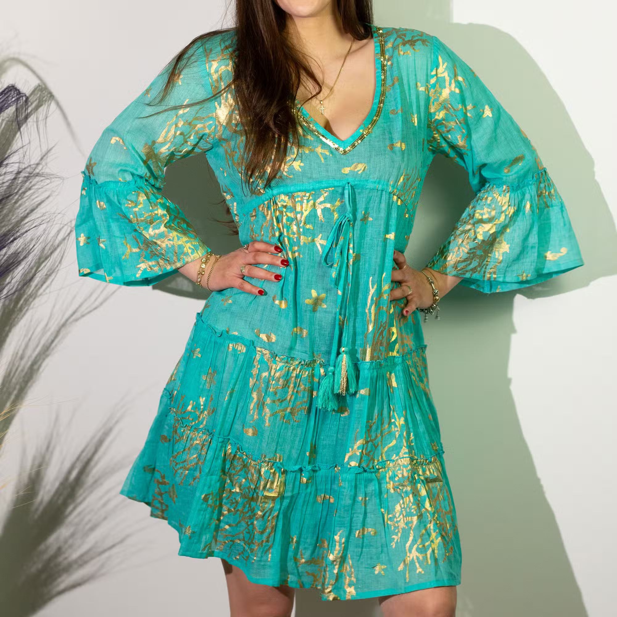 nomad-sari-turquoise-gold-coral-print-dress-l-xl