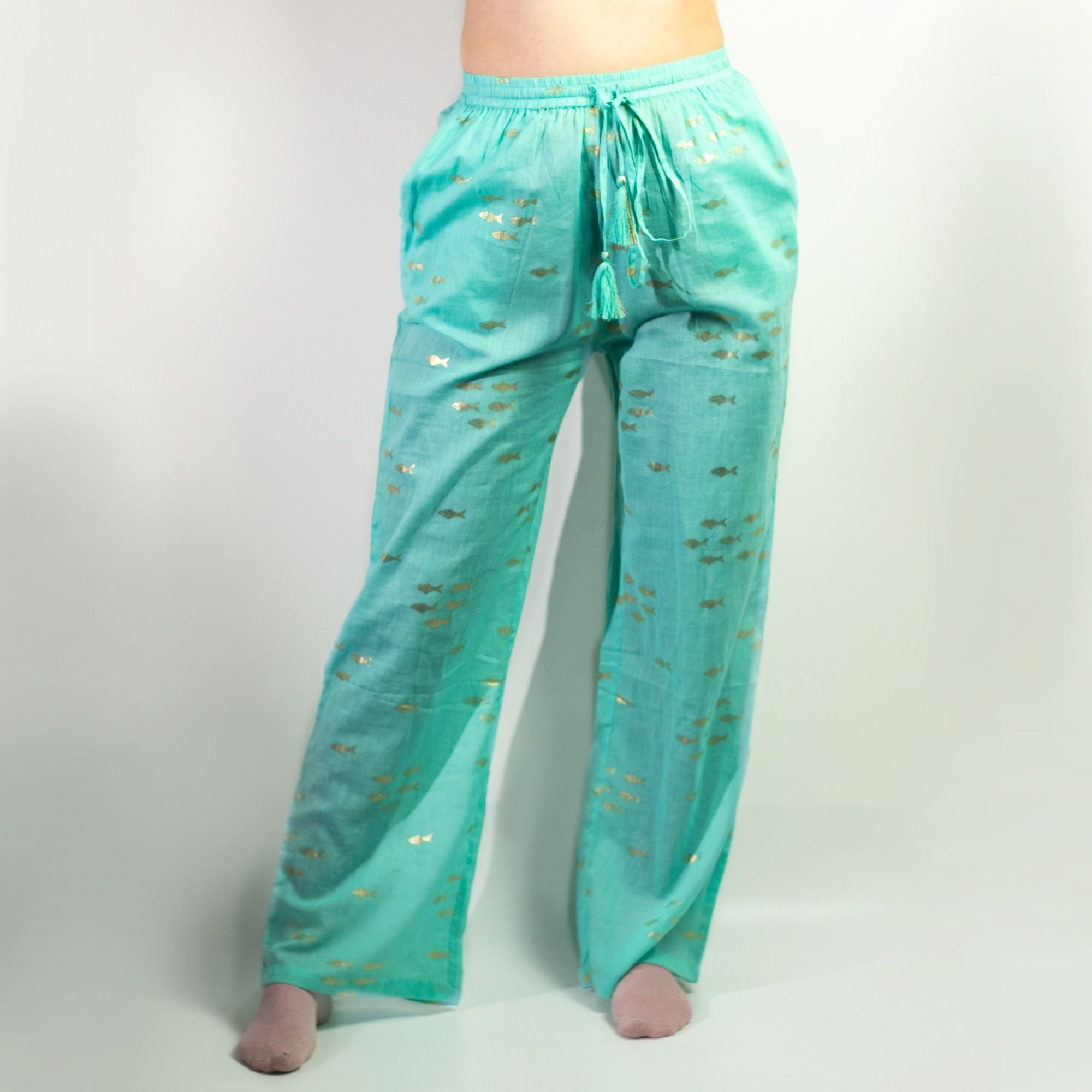 nomad-sari-lounge-pants-lxl-turquoise-with-hand-painted-gold-fish-design788