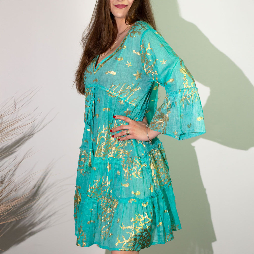 nomad-sari-turquoise-gold-coral-print-dress-lxl382