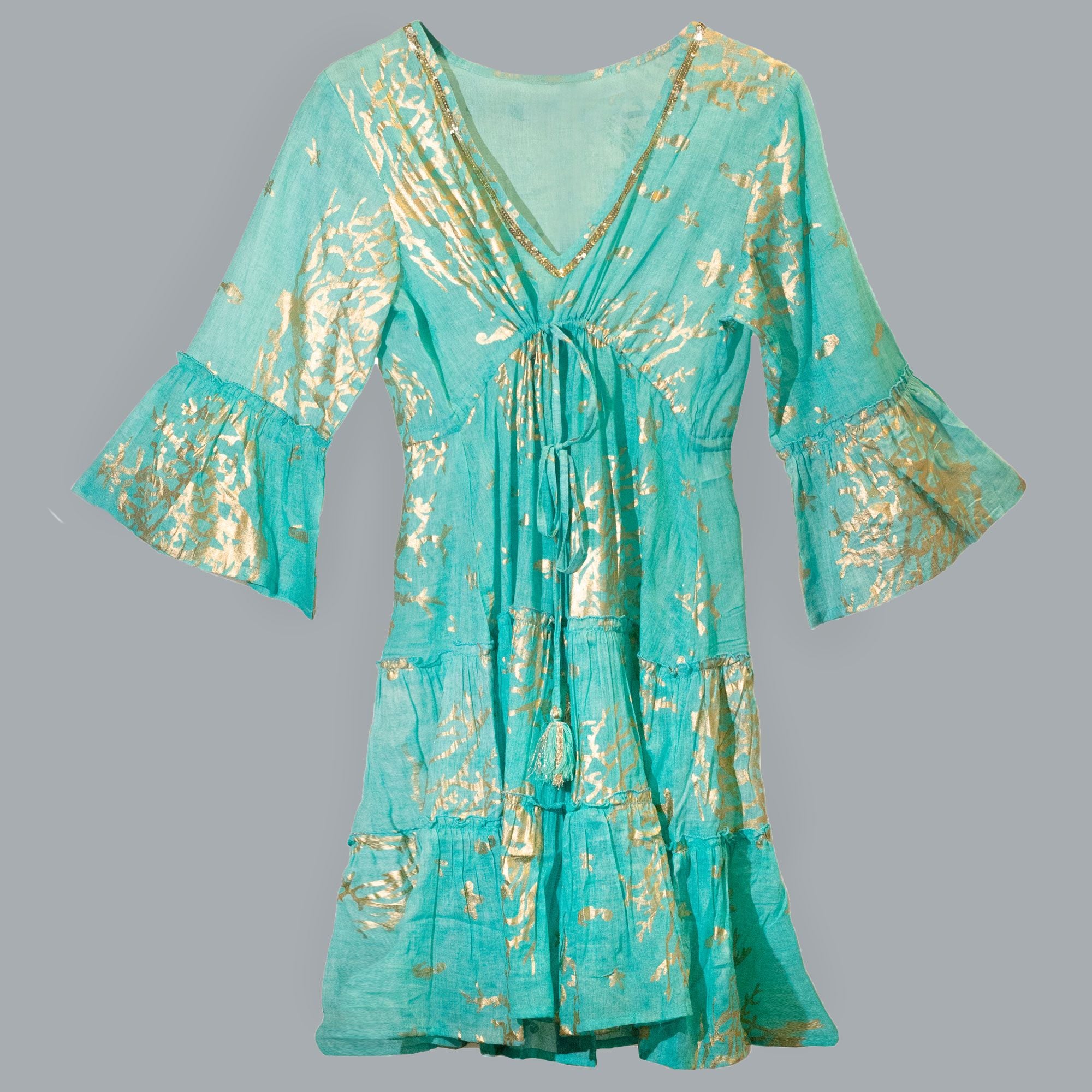 nomad-sari-turquoise-gold-coral-print-dress-lxl382