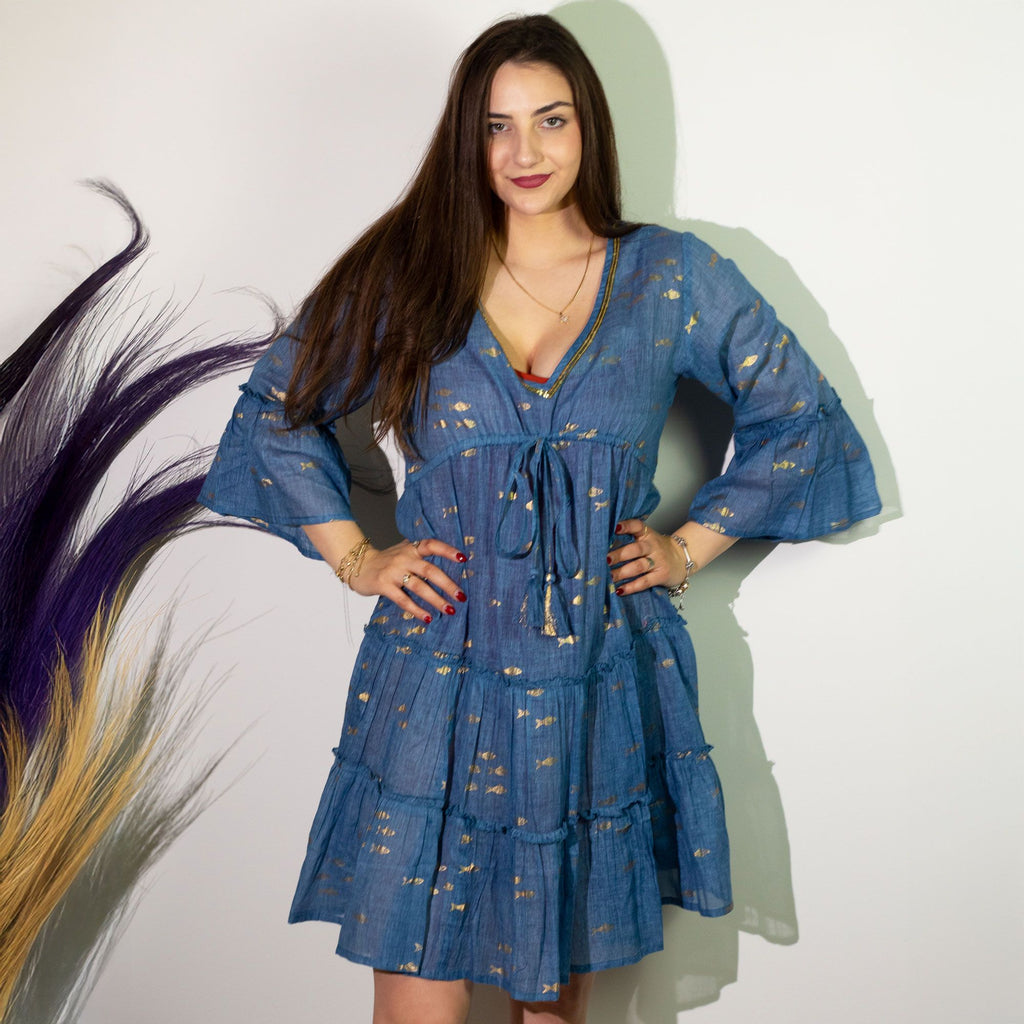 nomad-sari-sea-blue-gold-fish-print-dress-ml381