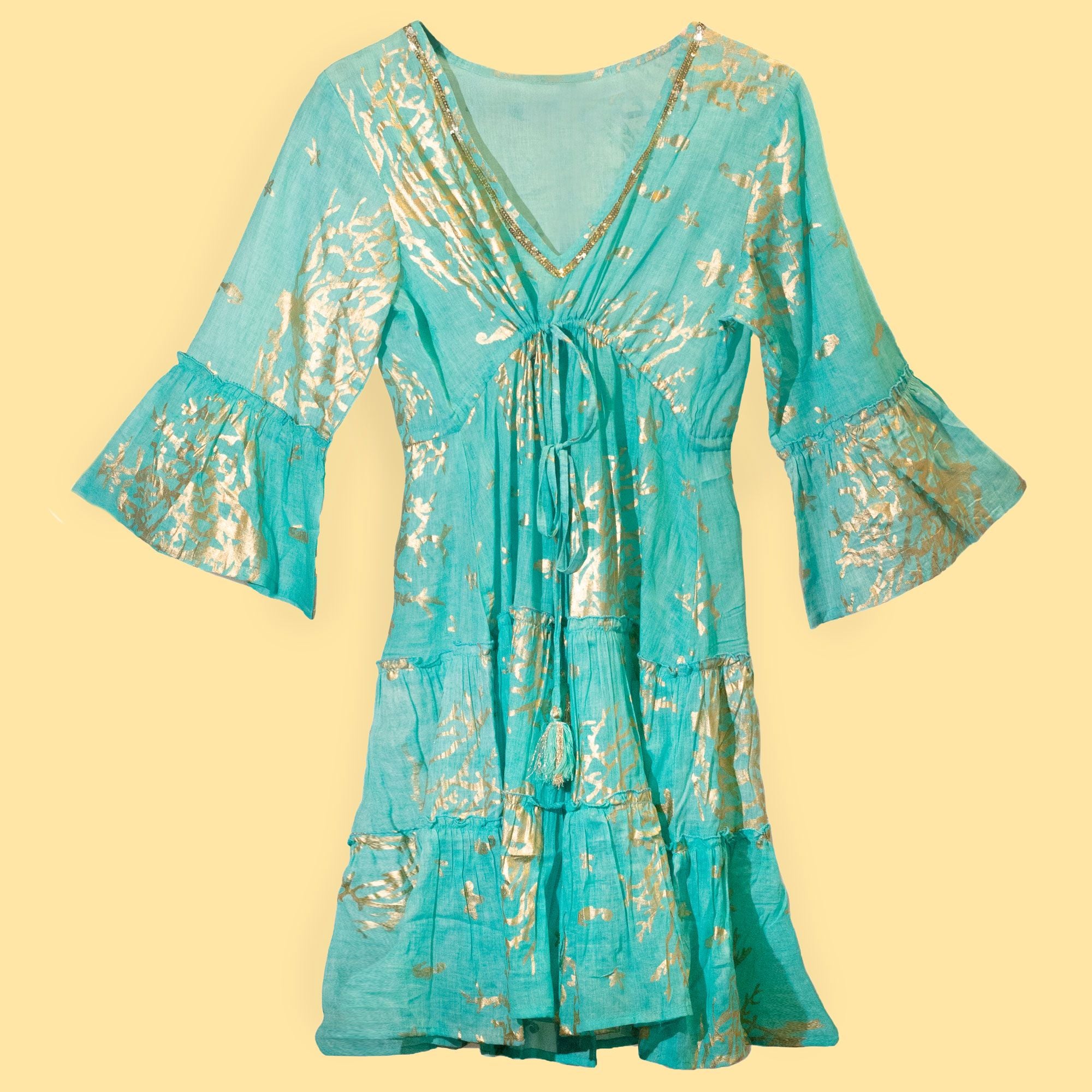 nomad-sari-turquoise-gold-coral-print-dress-lxl382