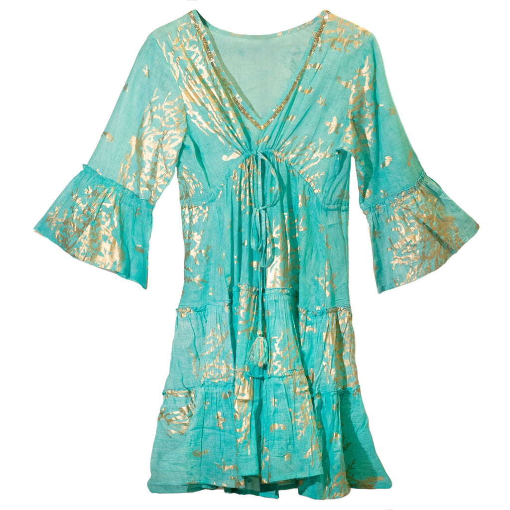 nomad-sari-turquoise-gold-coral-print-dress-lxl382