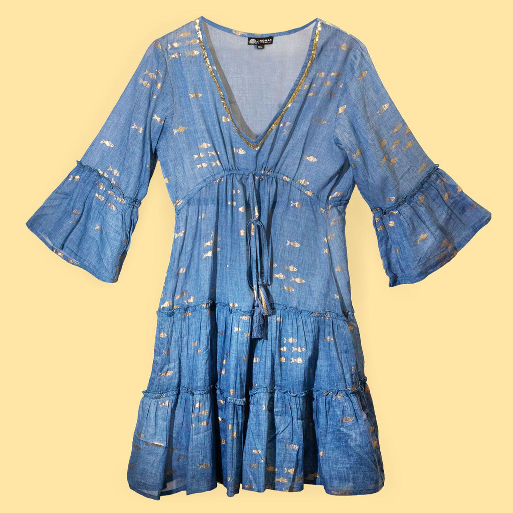 nomad-sari-sea-blue-gold-fish-print-dress-ml381