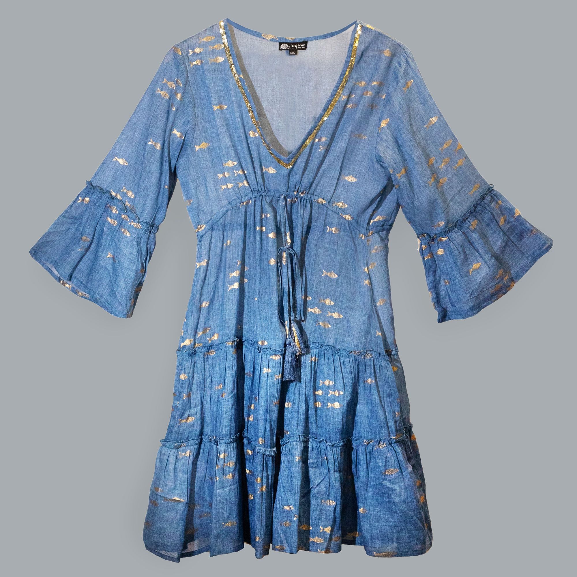 nomad-sari-sea-blue-gold-fish-print-dress-ml381