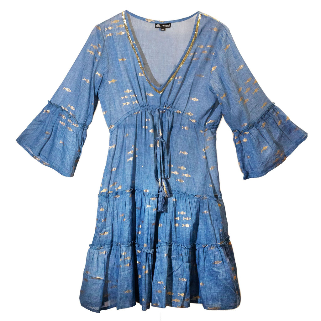 nomad-sari-sea-blue-gold-fish-print-dress-ml381