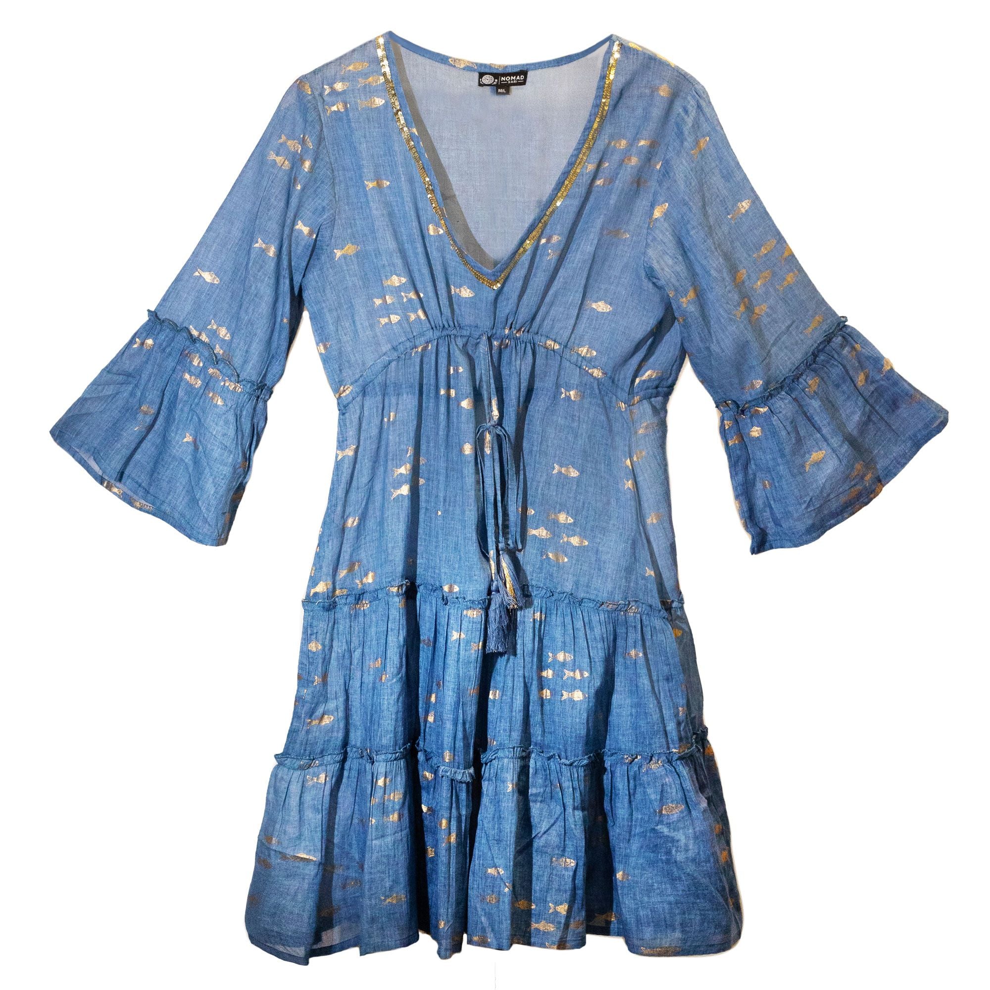 nomad-sari-sea-blue-gold-fish-print-dress-ml381